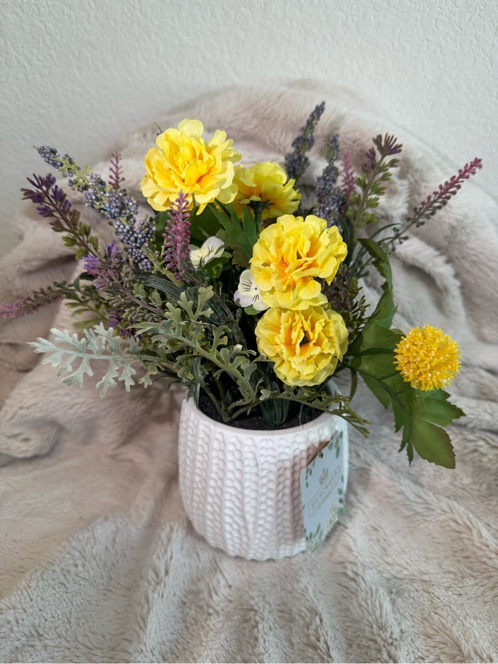 Craft Yellow and Purple Faux Floral Arrangement in White Pot